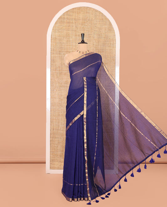 Blue Plain Khadi Mul Cotton Saree, Subtly Sparkled with Zari Border, Self-Pallu, and Paired with a Matching Blouse