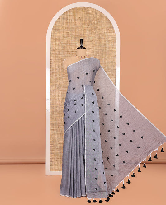 Borderless Grey Khadi Mul Cotton Saree, Artfully Designed with Heart Motifs Embroidery Across Its Body, Pallu mirrors the Same Design, and Paired with a Matching Blouse