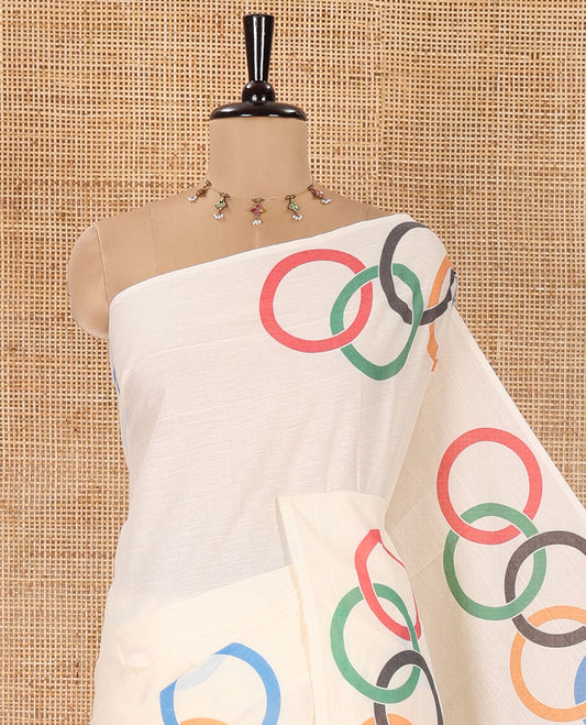 Borderless Off-White Kerala Cotton Saree, Uniquely Printed with Olympic Symbol Motifs, Complemented by a Self-Pallu of Olympic Symbol Motifs, and Paired with a Matching Blouse