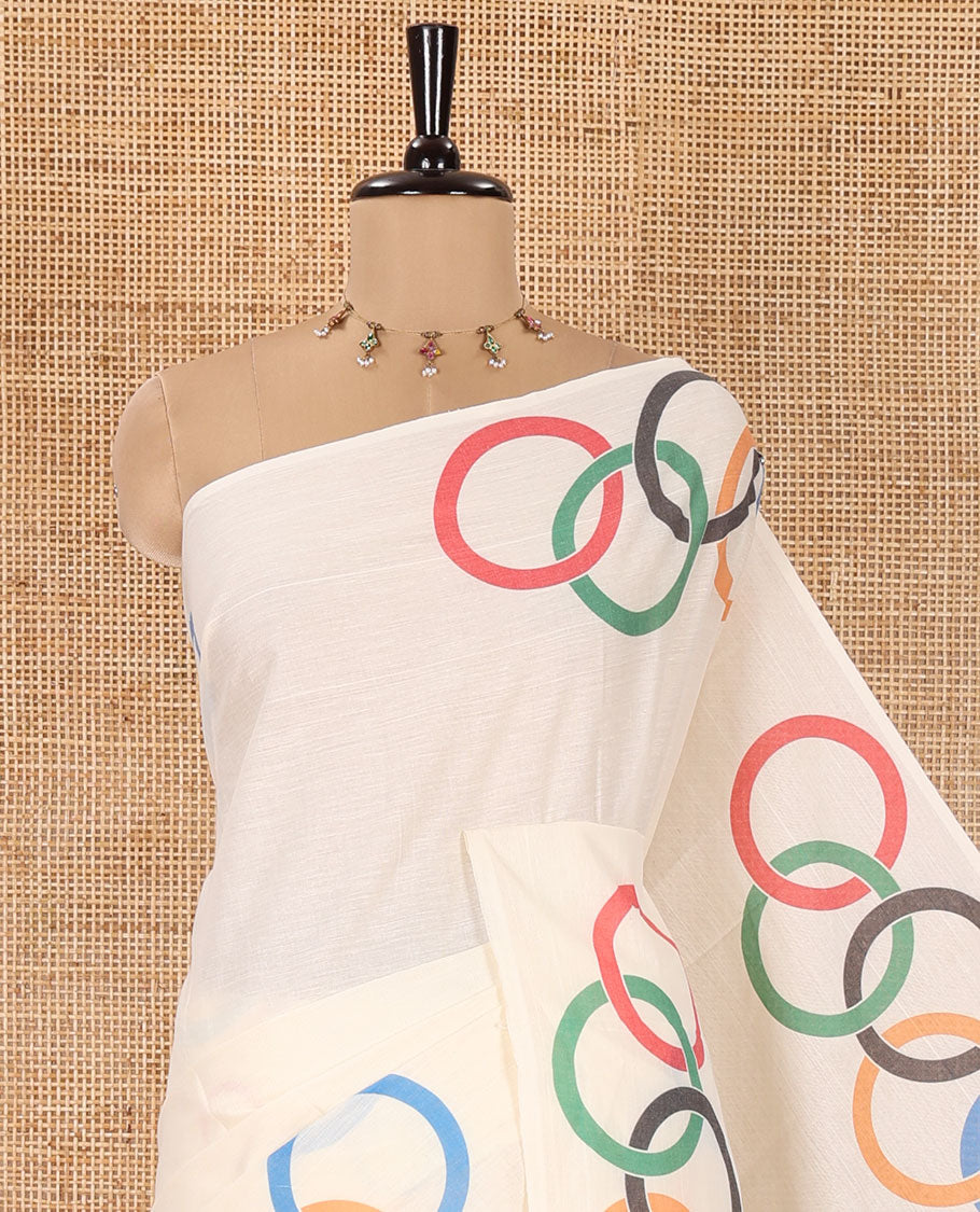 Borderless Off-White Kerala Cotton Saree, Uniquely Printed with Olympic Symbol Motifs, Complemented by a Self-Pallu of Olympic Symbol Motifs, and Paired with a Matching Blouse