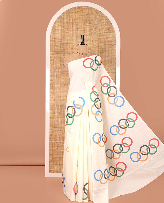Borderless Off-White Kerala Cotton Saree, Uniquely Printed with Olympic Symbol Motifs, Complemented by a Self-Pallu of Olympic Symbol Motifs, and Paired with a Matching Blouse
