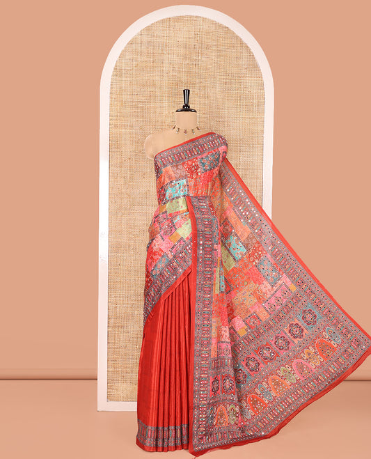 Red Masakali Saree, Opulently Embellished with Kaleidoscopic-Colored Intricate Motifs Print, and Mirror Work All Over Its Body, Printed Border, Intricately Printed Pallu, and Paired with a Matching Blouse