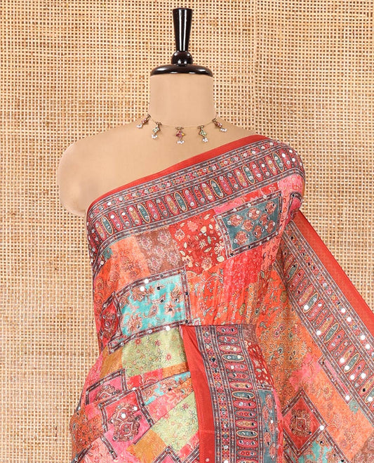 Red Masakali Saree, Opulently Embellished with Kaleidoscopic-Colored Intricate Motifs Print, and Mirror Work All Over Its Body, Printed Border, Intricately Printed Pallu, and Paired with a Matching Blouse