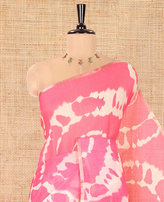 Borderless Pink Linen Cotton Saree, Accentuated with Shibori Printed on Its Body, Complemented by Contrast Floral Printed Pallu, and Paired with a Contrast Floral Printed Blouse