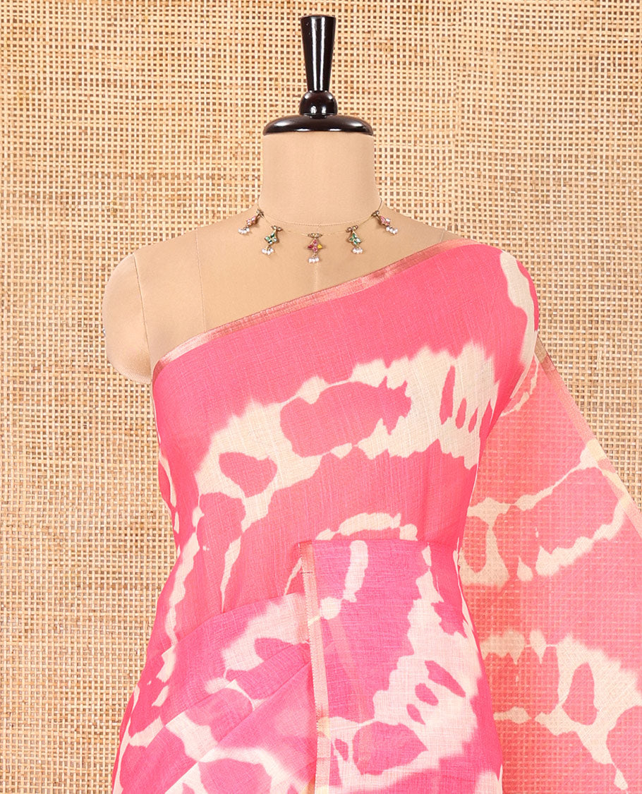 Borderless Pink Linen Cotton Saree, Accentuated with Shibori Printed on Its Body, Complemented by Contrast Floral Printed Pallu, and Paired with a Contrast Floral Printed Blouse