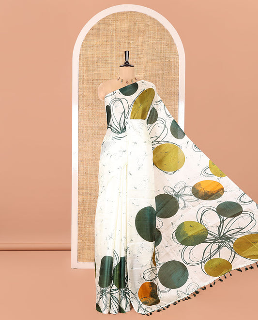 Borderless Cream and Green Khadi Cotton Saree, Adorned with Big Circles Motifs, Floral Motifs, and Batik Print on Its Body, Self-Printed Pallu, and Paired with a Matching Printed Blouse