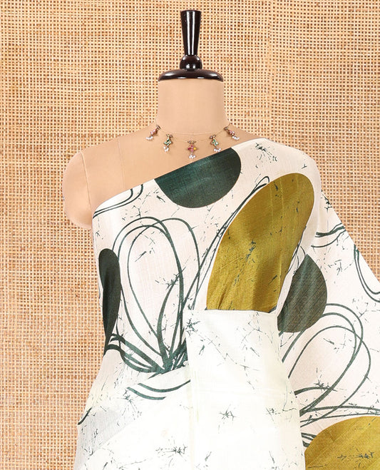 Borderless Cream and Green Khadi Cotton Saree, Adorned with Big Circles Motifs, Floral Motifs, and Batik Print on Its Body, Self-Printed Pallu, and Paired with a Matching Printed Blouse