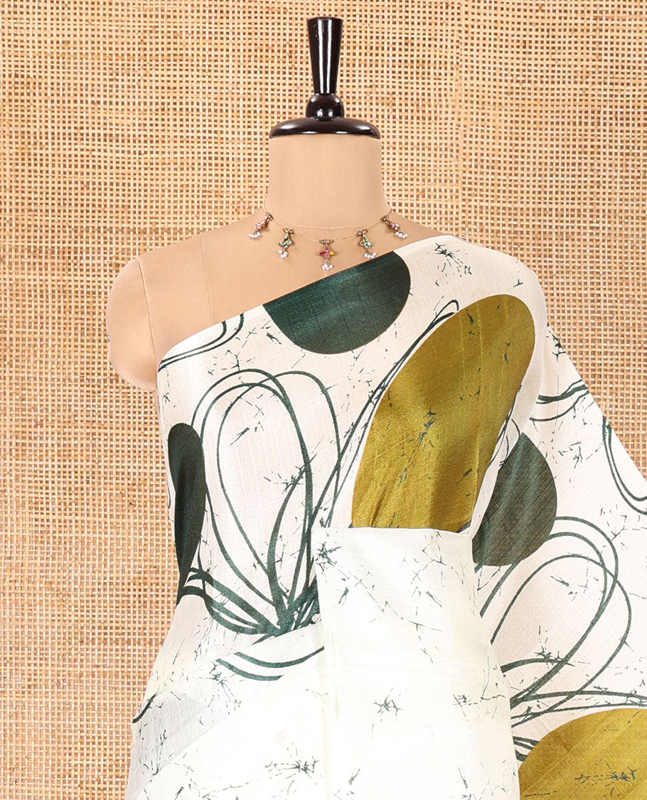 Borderless Cream and Green Khadi Cotton Saree, Adorned with Big Circles Motifs, Floral Motifs, and Batik Print on Its Body, Self-Printed Pallu, and Paired with a Matching Printed Blouse