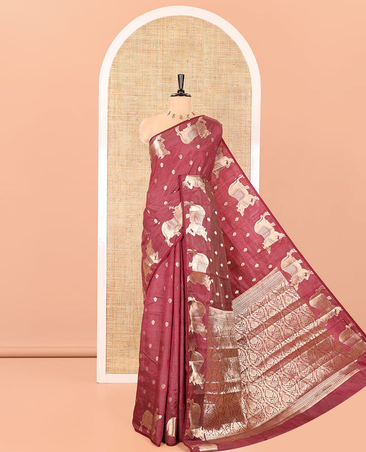 Brown Art Tussar Saree, Graced with Gold Zari Buttas All Over Its Body, Highlighted by a Zari Border of Pichwai Cow Motifs, Grandly Woven Pallu, and Paired with a Matching Blouse