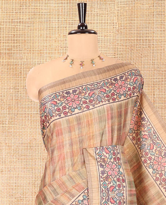 Green Katan Silk Saree, Enriched with Checked Design On Its Body, Artfully Designed Madhubani Painting Theme Border, Pallu of Same Madhubani Print, and Paired with a Madhubani Printed Blouse