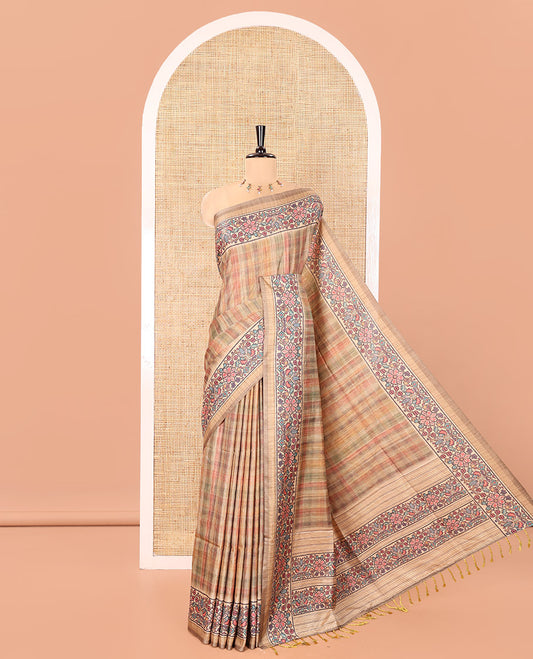 Green Katan Silk Saree, Enriched with Checked Design On Its Body, Artfully Designed Madhubani Painting Theme Border, Pallu of Same Madhubani Print, and Paired with a Madhubani Printed Blouse