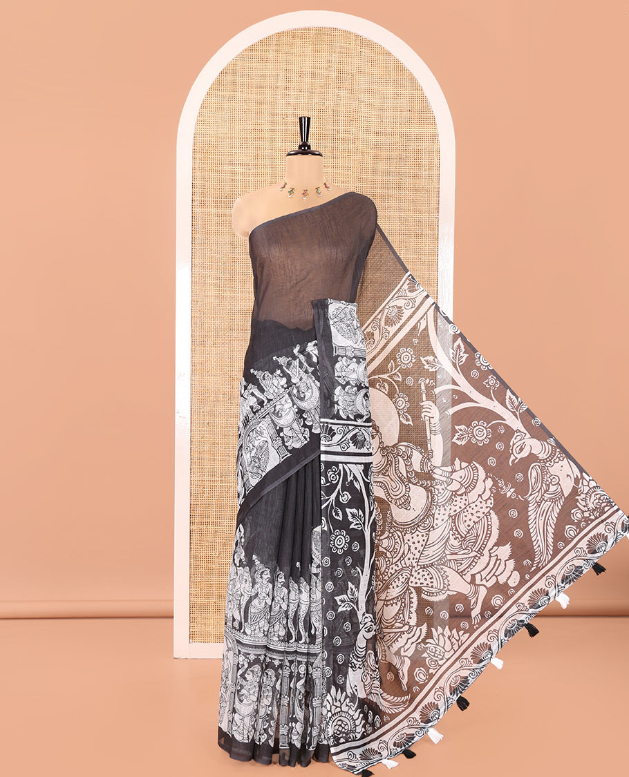 Black Linen Cotton Saree, Artfully Detailed with Kalamkari Human Figurines Printed On Its Body, Highlighted by Self-Pallu Pictures Human Figurines, and Paired with a Printed Blouse