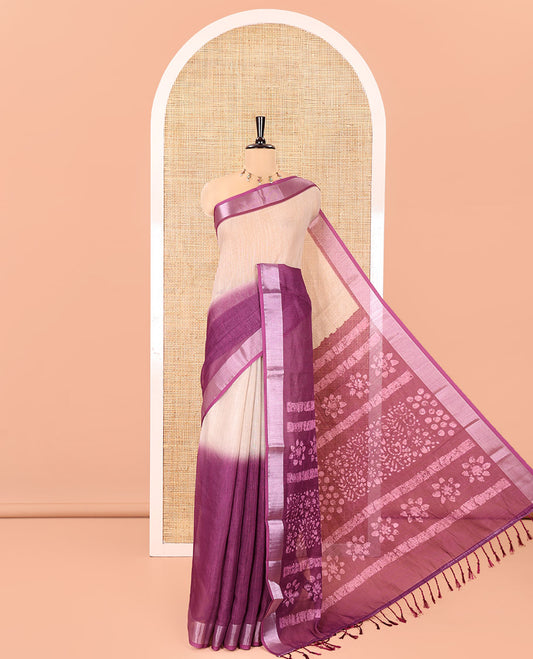 Chikku and Purple Linen Cotton Saree, Subtly Designed with Half-And-Half-Style Dual-Color Dye on Its Body, Complemented by a Contrast Bavanji Border, Pallu of Batik Print, and Paired with a Contrast Blouse