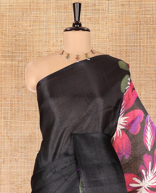 Borderless Black and Violet Khadi Cotton Saree, Colorful Decked Up with Flower Motifs Print on Body and Pallu, and Paired with a Plain Blouse