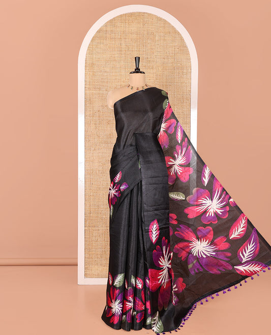 Borderless Black and Violet Khadi Cotton Saree, Colorful Decked Up with Flower Motifs Print on Body and Pallu, and Paired with a Plain Blouse