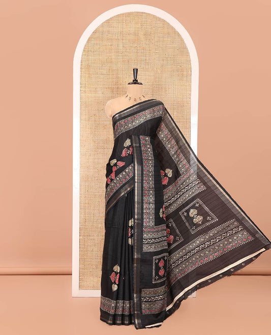 Black Dola Silk Saree, Subtly Enriched with Leaf Motifs Printed On Its Body, Highlighted by Self-Border of Zari and Print Work, Printed Pallu, and Paired with a Matching Blouse