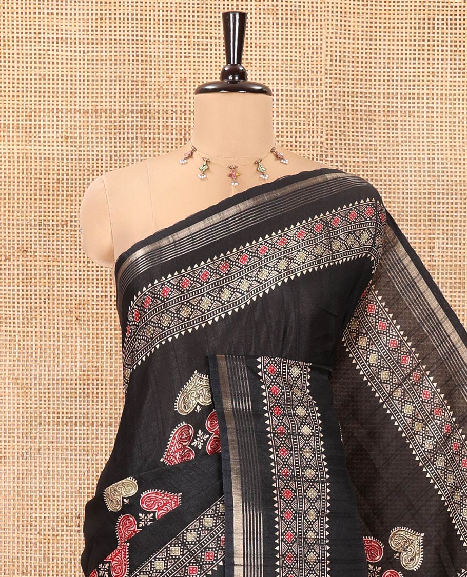 Black Dola Silk Saree, Subtly Enriched with Leaf Motifs Printed On Its Body, Highlighted by Self-Border of Zari and Print Work, Printed Pallu, and Paired with a Matching Blouse