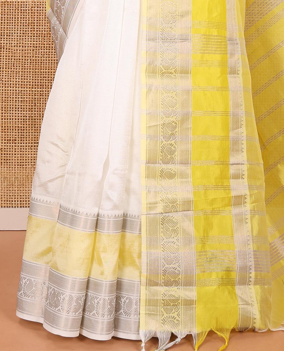Half-White Mangalagiri Silk Saree, Sparsely Woven Stripes On Its Body, Complemented by Contrast Border of Temple and Peacock Designs, Striped Pallu and Paired with a Contrast Blouse