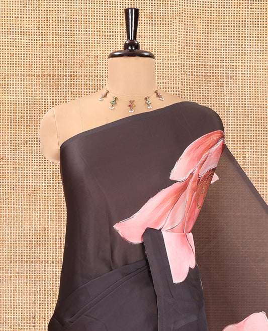 Borderless Black Satin Crepe Saree, Prettified with Lotus Flower Print On Its Body, Pallu Features Lotus Print, and Paired with a Printed Blouse