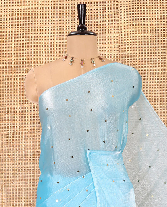Borderless Sky Blue Fendy Chiffon Saree, Gleamed Up with Sequin Work on Its Body, Highlighted by a Self-Pallu of Sequin Work, and Paired with a Matching Blouse