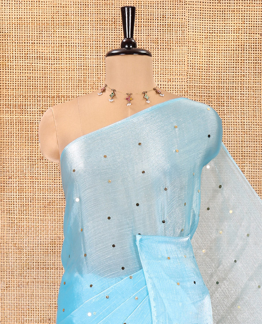 Borderless Sky Blue Fendy Chiffon Saree, Gleamed Up with Sequin Work on Its Body, Highlighted by a Self-Pallu of Sequin Work, and Paired with a Matching Blouse