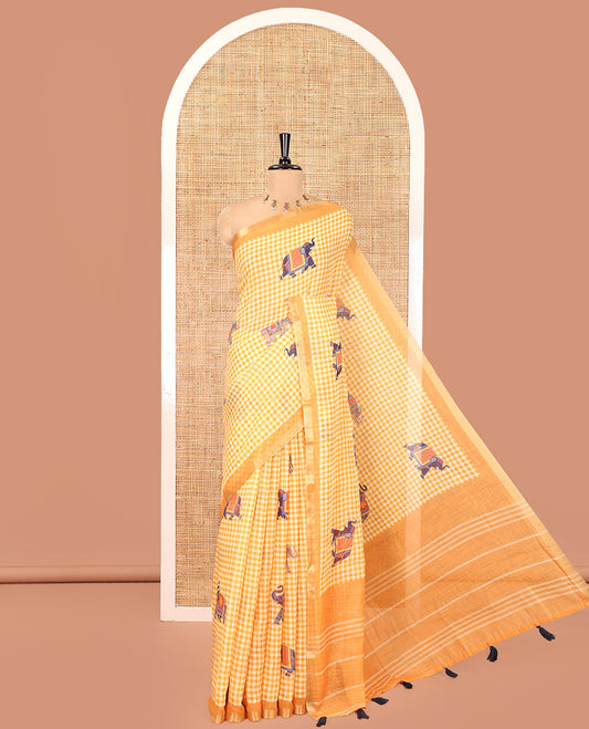 Yellow Linen Cotton Saree, Adorned with Micro-Checks and Elephant Motifs on Its Body, Complemented by a Contrast Border, Striped Pallu, and Paired with a Contrast Elephant Motifs Printed Blouse