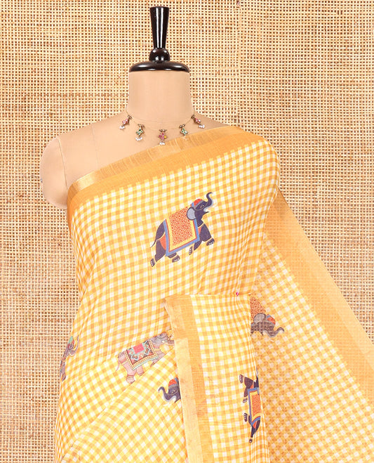 Yellow Linen Cotton Saree, Adorned with Micro-Checks and Elephant Motifs on Its Body, Complemented by a Contrast Border, Striped Pallu, and Paired with a Contrast Elephant Motifs Printed Blouse