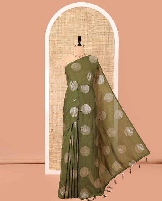 Borderless Olive Green Vichitra Saree Features Rangoli-Style Round Buttas Foil Print and a Contrast Sequins Embroidered Blouse