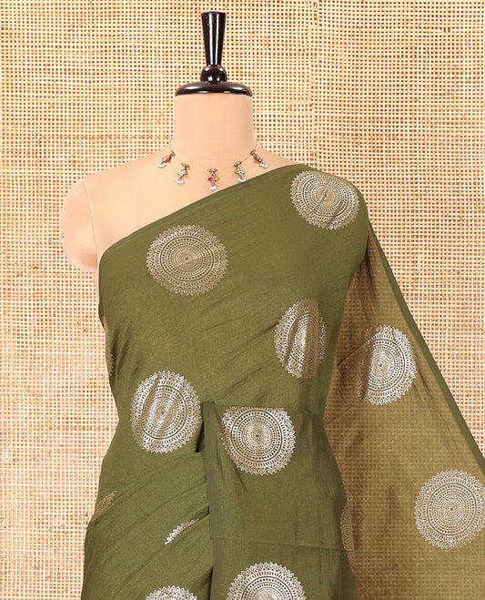 Borderless Olive Green Vichitra Saree Features Rangoli-Style Round Buttas Foil Print and a Contrast Sequins Embroidered Blouse