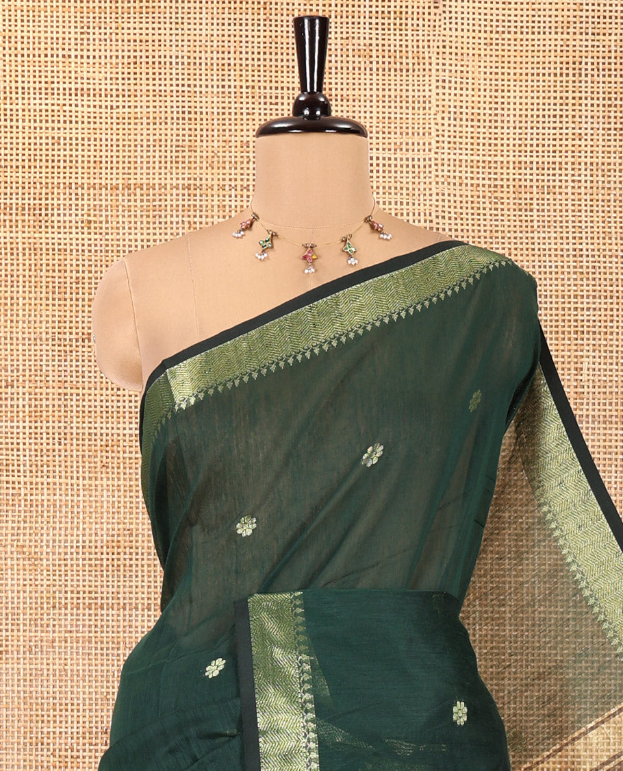 Green Maheshwari Cotton Saree,  Flower Buttas All Over Its Body, Highlighted by Zari Border, Pallu of Contrast Floral Buttas, and a Contrast Blouse