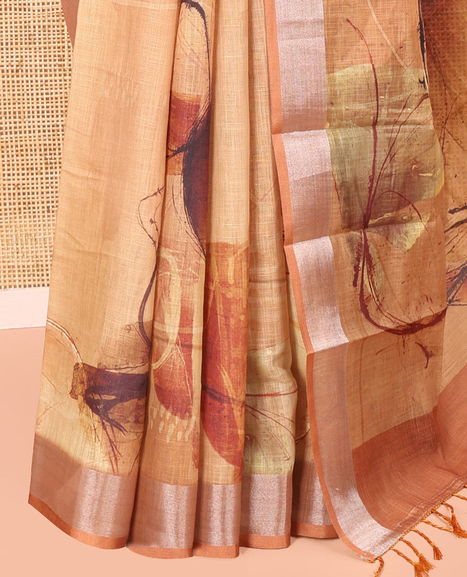 Mustard Linen Cotton Saree, Adorned with Polka Dot and Temple Buttas on Its Body, Highlighted by a Zari Border, Pallu Steeped with Floral Designs, and Paired with a Matching Blouse