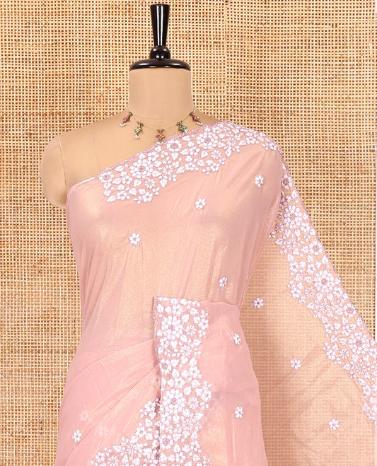 Onion Pink Shimmer Chiffon Saree, Artfully Detailed with Floral Embroidery, Scallop Embroidery Border, and Matching Blouse