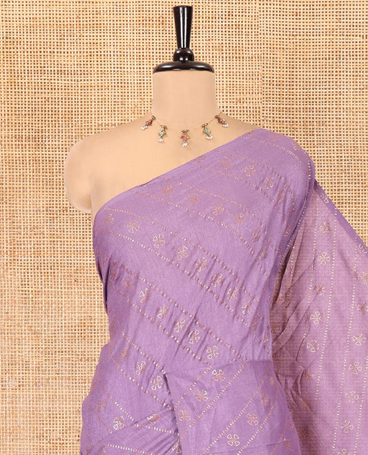 Borderless Lavender Vichitra Silk Saree, Gleamed Up with Floral Buttas and Leheriya-Style Foil Print on Its Body, a Self-Pallu, and Has No Blouse