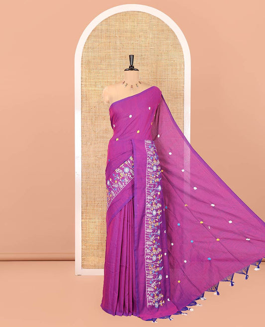 Borderless Violet Khadi Cotton Saree, Delicately Woven with Flower Motifs Embroidery All Over Its Body, a Self-Pallu, and Paired with a Matching Blouse