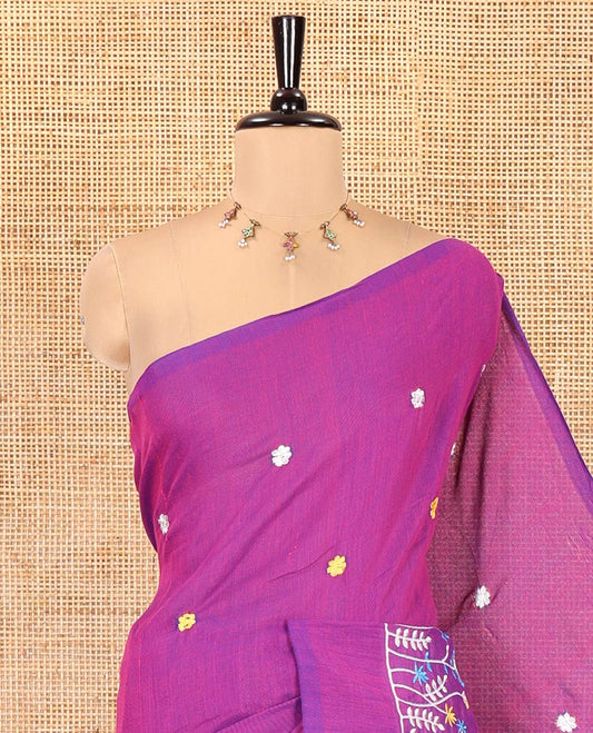 Borderless Violet Khadi Cotton Saree, Delicately Woven with Flower Motifs Embroidery All Over Its Body, a Self-Pallu, and Paired with a Matching Blouse