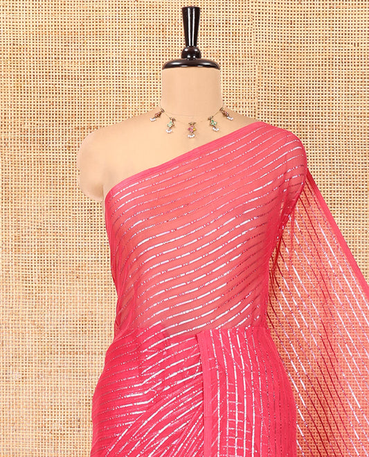 Borderless Pink Chiffon Saree, Gleamed Up with Horizontal Stripes on Its Body, a Self-Pallu, and Has No Blouse