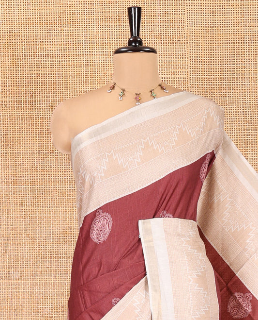 Maroon Katan Silk Saree, Detailed with Buttas, Complemented by Contrast Traditional Design Border, Geometric-Patterned Pallu, and a Contrast Blouse