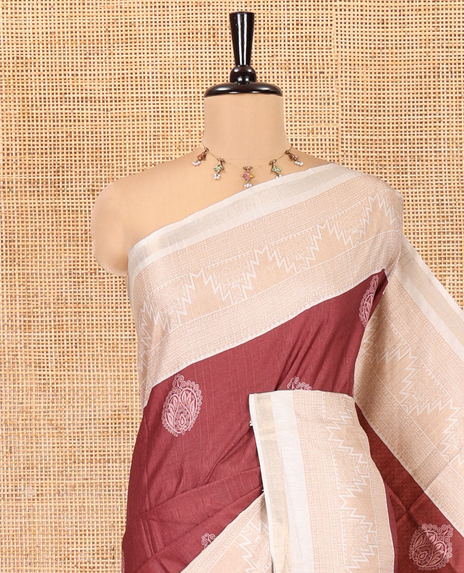 Maroon Katan Silk Saree, Detailed with Buttas, Complemented by Contrast Traditional Design Border, Geometric-Patterned Pallu, and a Contrast Blouse