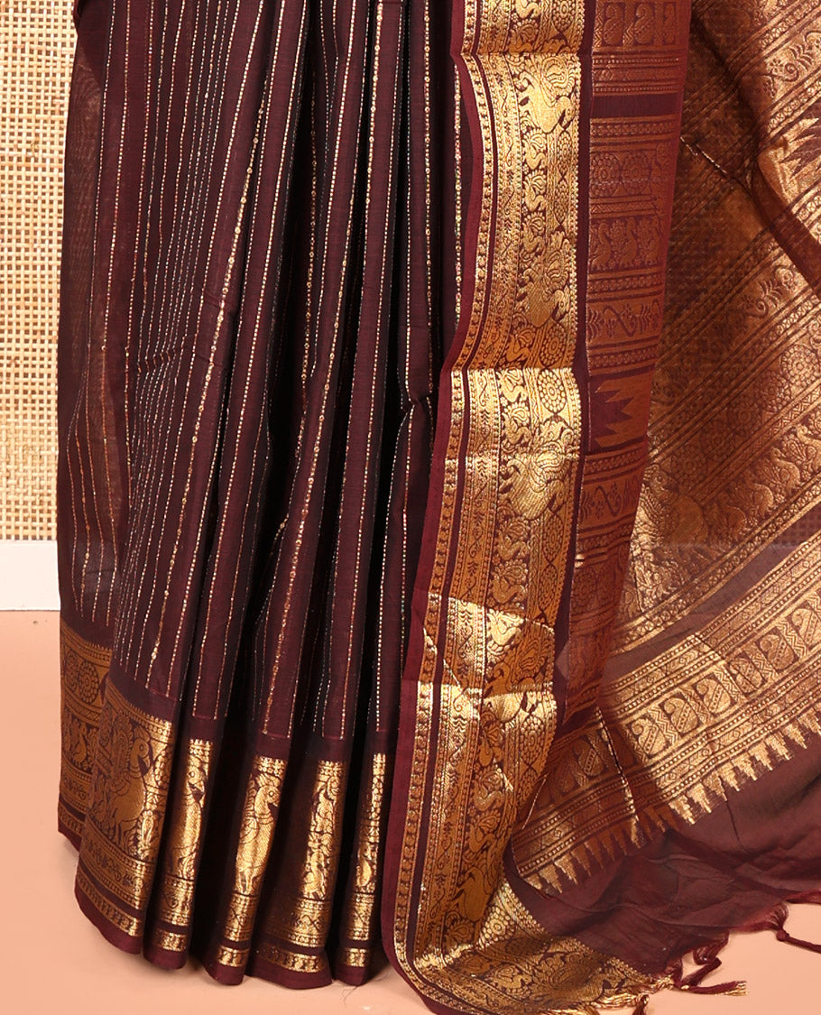 Brown Chettinad Cotton Saree, Spotlighted with Zari Stripes, Traditional Peacock-Chakram Border, Traditional Pallu, and a Matching Blouse