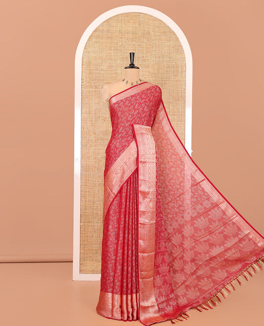 Maroon Chiffon Saree, Adorned with Floral Vine and Stonework, a Traditional Border, Pallu Steeped with Floral Designs, and a Matching Blouse