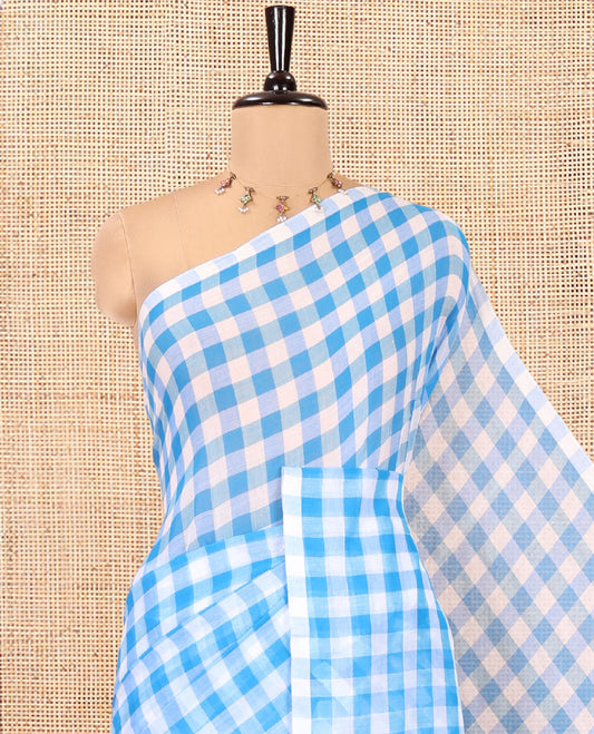 Borderless Blue Khadi Mul Cotton Saree, Adorned with Micro-Checks and No Blouse