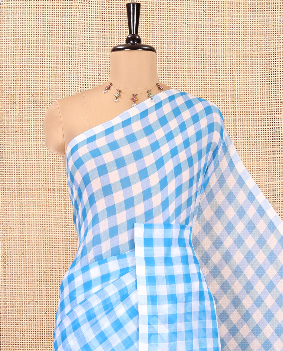 Borderless Blue Khadi Mul Cotton Saree, Adorned with Micro-Checks and No Blouse