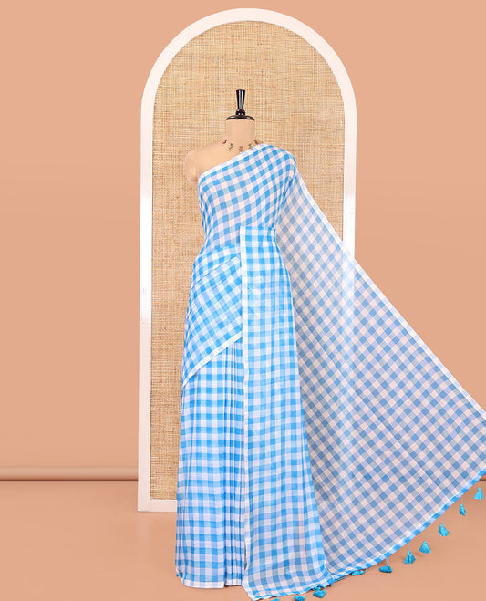 Borderless Blue Khadi Mul Cotton Saree, Adorned with Micro-Checks and No Blouse
