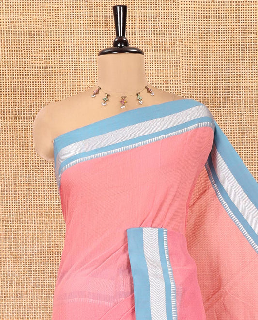 Pink Mercerised Cotton Saree with Sparse Stripes, a Contrast Temple Border, Striped Pallu, and a Matching Blouse