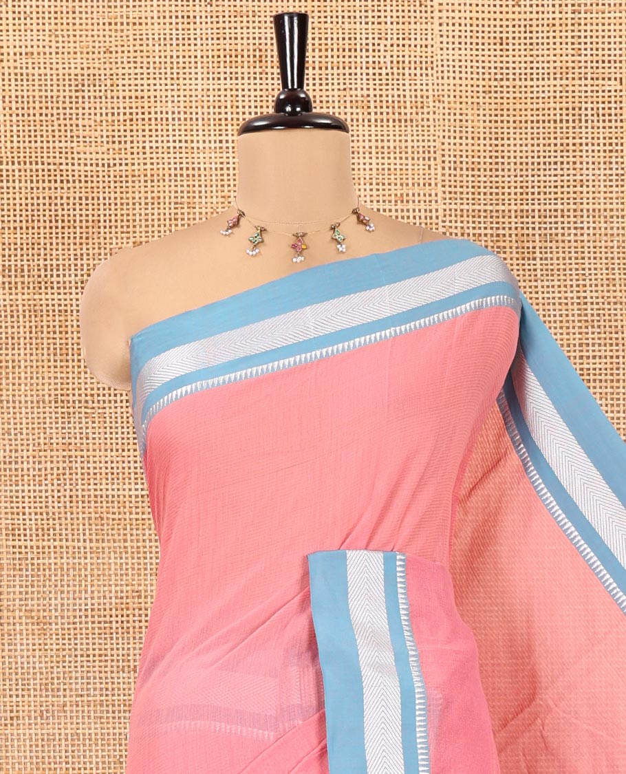 Pink Mercerised Cotton Saree with Sparse Stripes, a Contrast Temple Border, Striped Pallu, and a Matching Blouse