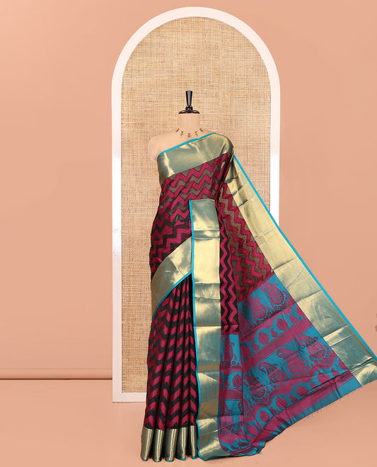Black Semi-Organza Saree Features Pochampally Ikat Chevron Stripes, a Contrast Border, Paisley Pallu, and Contrast Blouse