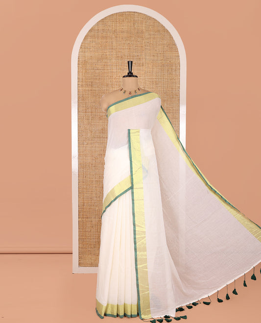 Cream Plain Khadi Mul Cotton Saree, Complemented by a Contrast Tissue Border, a Self-Pallu, and No Blouse