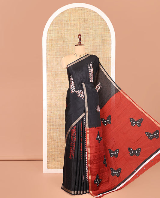 Maroon Muslin Cotton Saree, Elevated with Shibori Print, a Piping Border, Butterfly Motifs Pallu and a Contrast Blouse