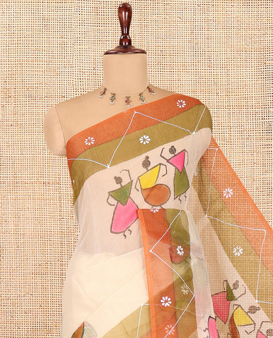 Chikku Kota Doria Saree with Artful Warli Print, a Contrast Border, Village Printed Pallu, and a Matching Blouse