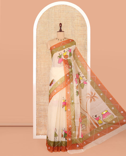 Chikku Kota Doria Saree with Artful Warli Print, a Contrast Border, Village Printed Pallu, and a Matching Blouse